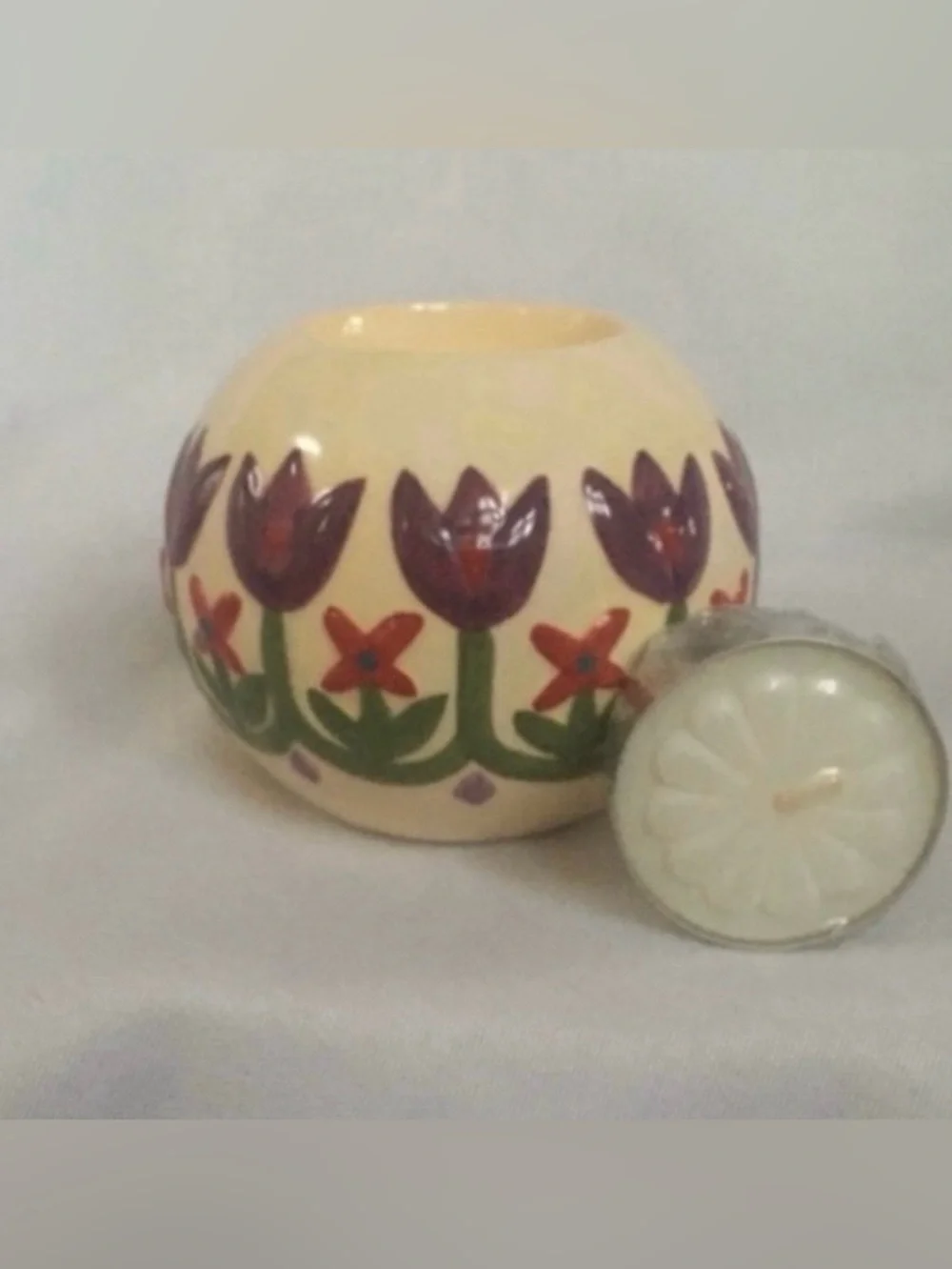 Jim Shore 2004 Cream Purple Tulip Votive Candle Holder Cottagecore Farmhouse